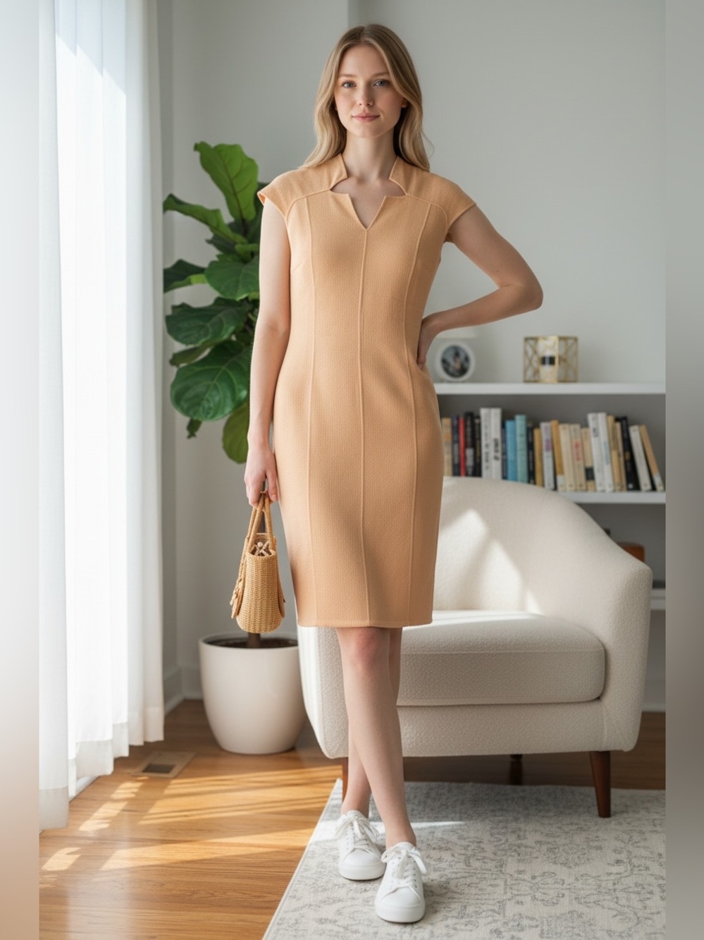 St. John Beige Nude Textured Knit Sheath Dress Cap Sleeve Size 2